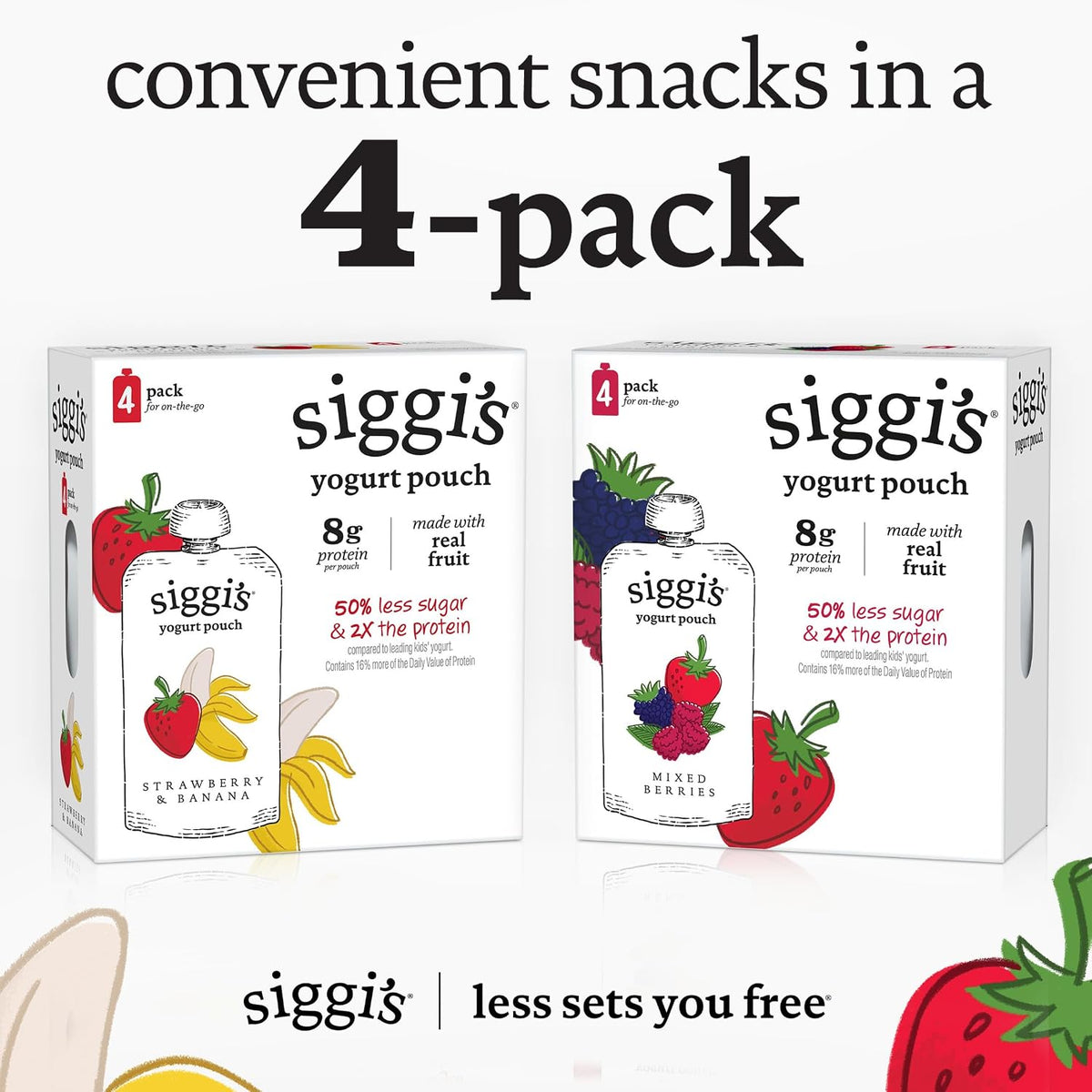 siggi's Strawberry Banana Reduced Fat Yogurt Pouches – Durable Travel Snack for Camping and Road Trips, 3.5 oz, 4 ct