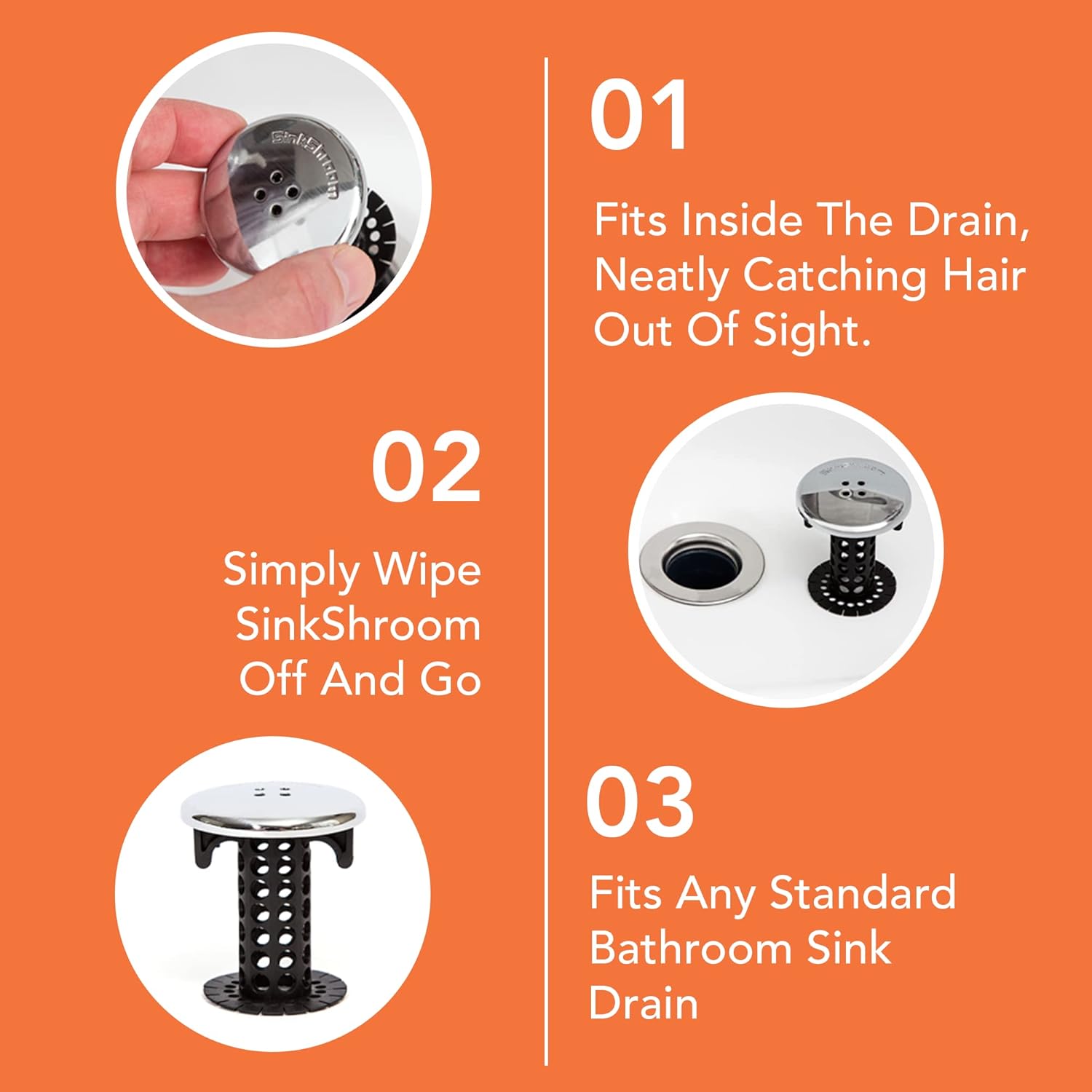 SinkShroom Chrome Edition - Modern Bathroom Sink Drain Protector Hair Catcher for Stylish Powder Rooms and Guest Baths