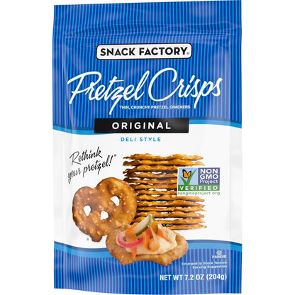 Snack Factory Pretzel Crisps – Office Desk Drawer Snack for Focused Workdays, Resealable 7.2 oz Non-GMO Bag