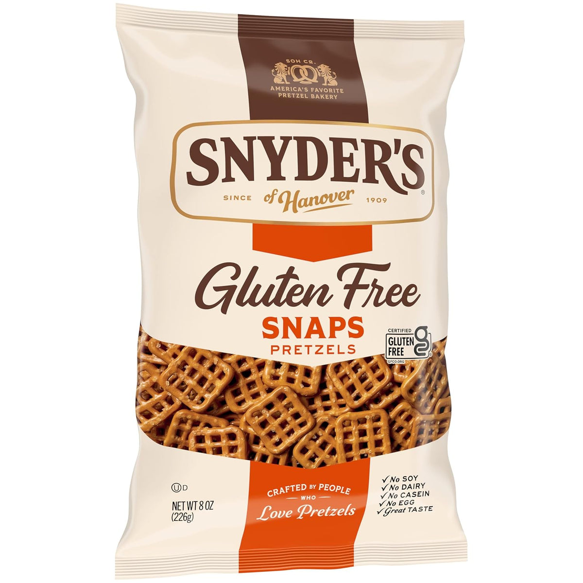 Snyder's of Hanover Gluten Free Snaps Pretzels – Safe School Lunch Snack for Kids, 8 oz Peanut-Free Bag