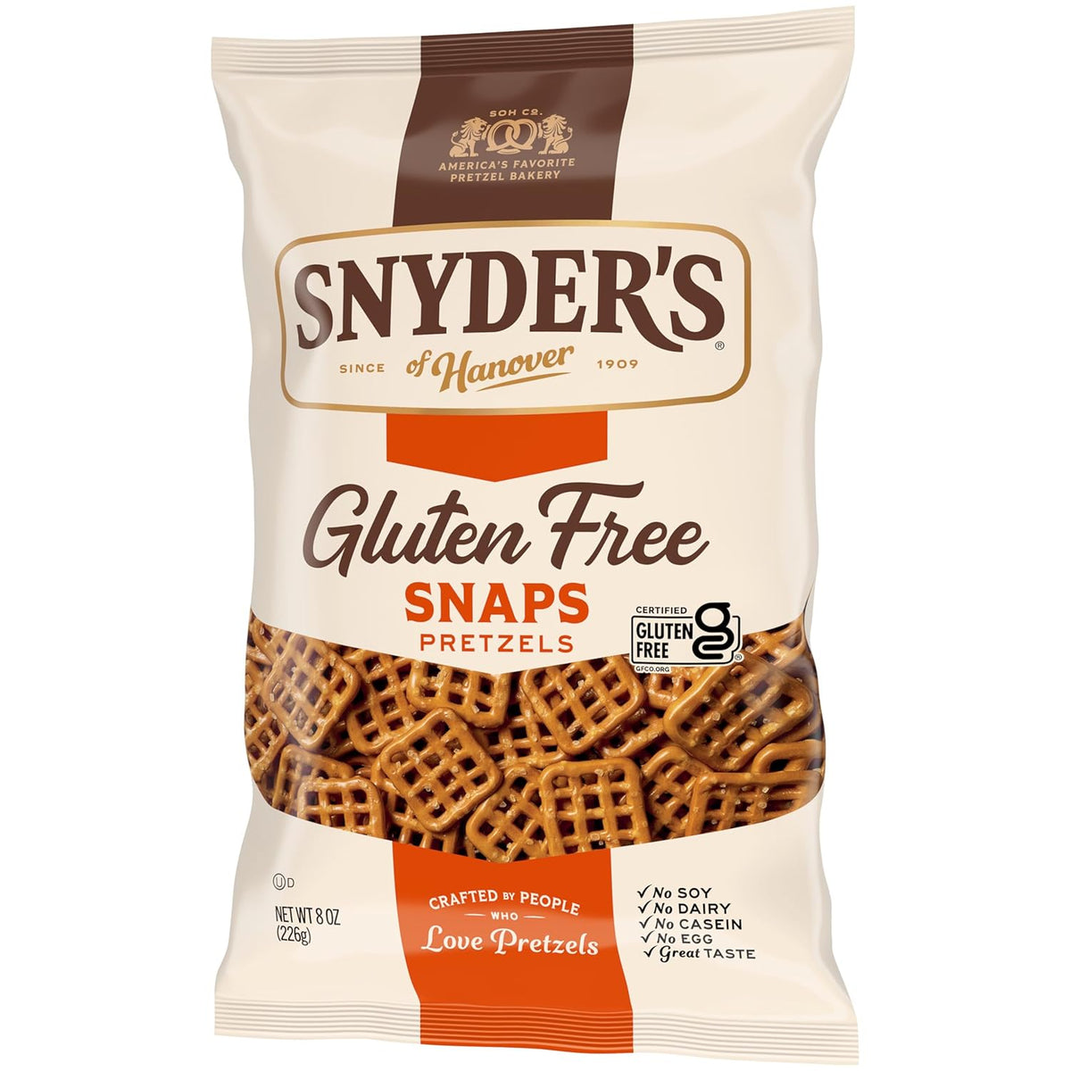 Snyder's of Hanover Gluten Free Snaps Pretzels – Safe School Lunch Snack for Kids, 8 oz Peanut-Free Bag