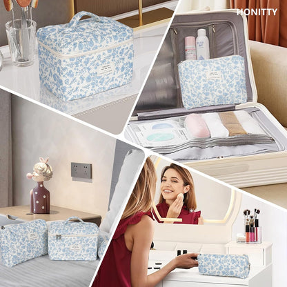 Soft Cotton Cosmetic Trio – Mindful Nightly Skincare Storage, Floral Vanity Pouch Set