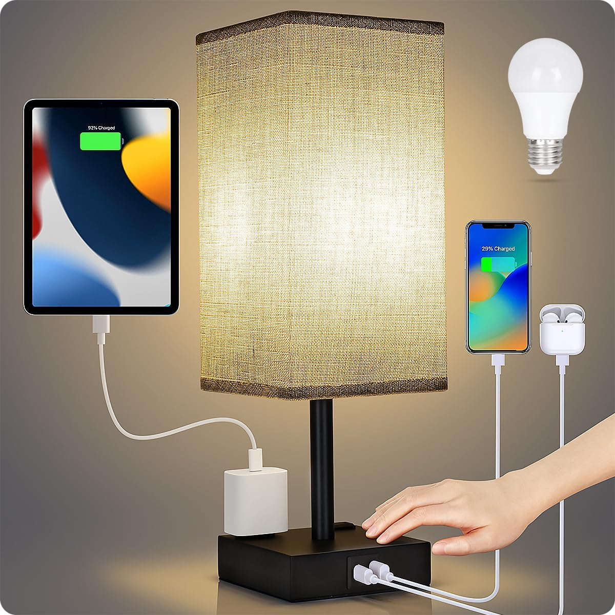 Soilsiu Minimalist Bedside Lamp with USB-C and AC Outlets, Compact Charging Nightstand Light for Clutter-Free Bedrooms