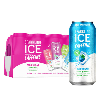 Sparkling Ice Caffeine Black Raspberry Sparkling Water for Camping Coolers, Sugar Free Sparkling Drink for Open Air Adventures