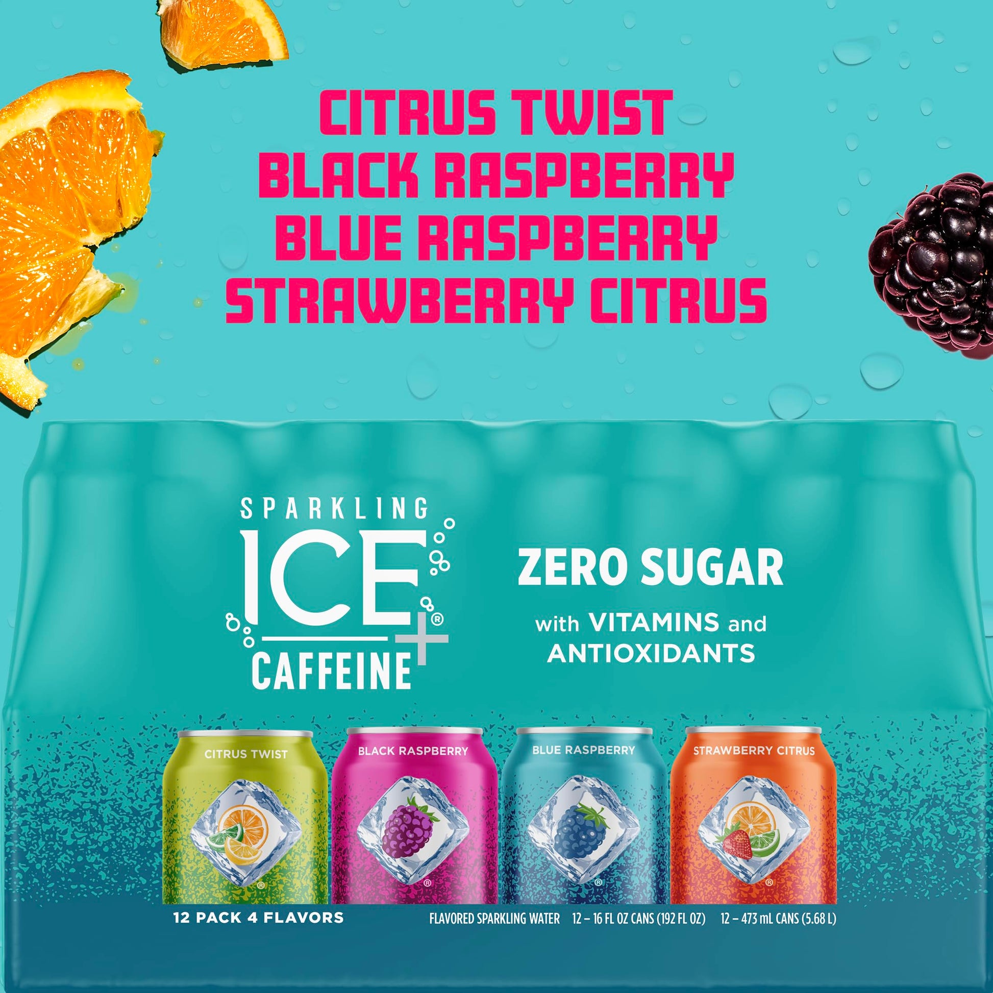 Sparkling Ice Caffeine Black Raspberry Sparkling Water for Camping Coolers, Sugar Free Sparkling Drink for Open Air Adventures