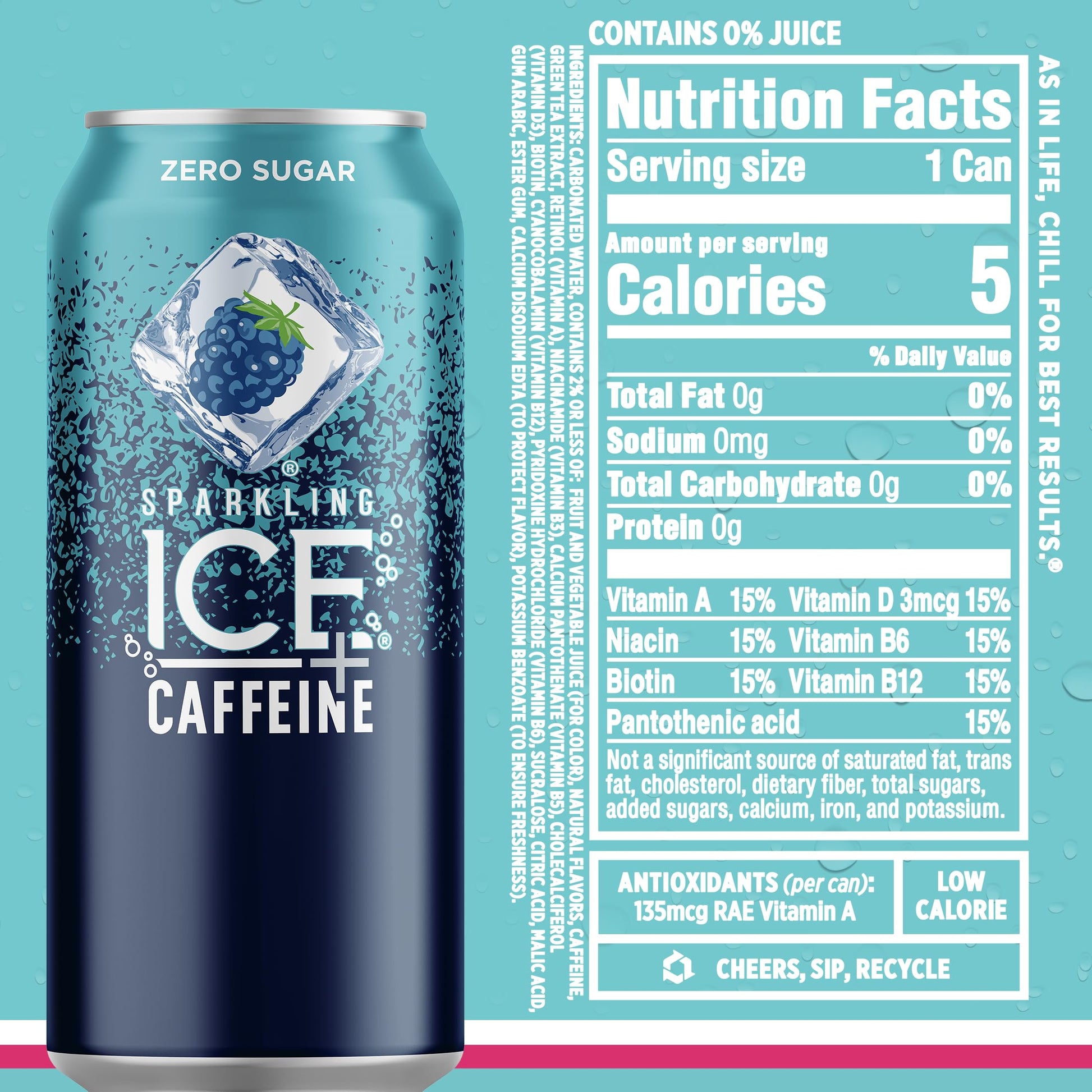Sparkling Ice Caffeine Black Raspberry Sparkling Water for Camping Coolers, Sugar Free Sparkling Drink for Open Air Adventures