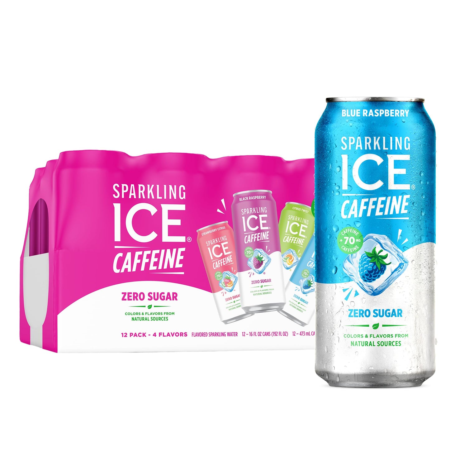 Sparkling Ice Caffeine Black Raspberry Sparkling Water for Camping Coolers, Sugar Free Sparkling Drink for Open Air Adventures