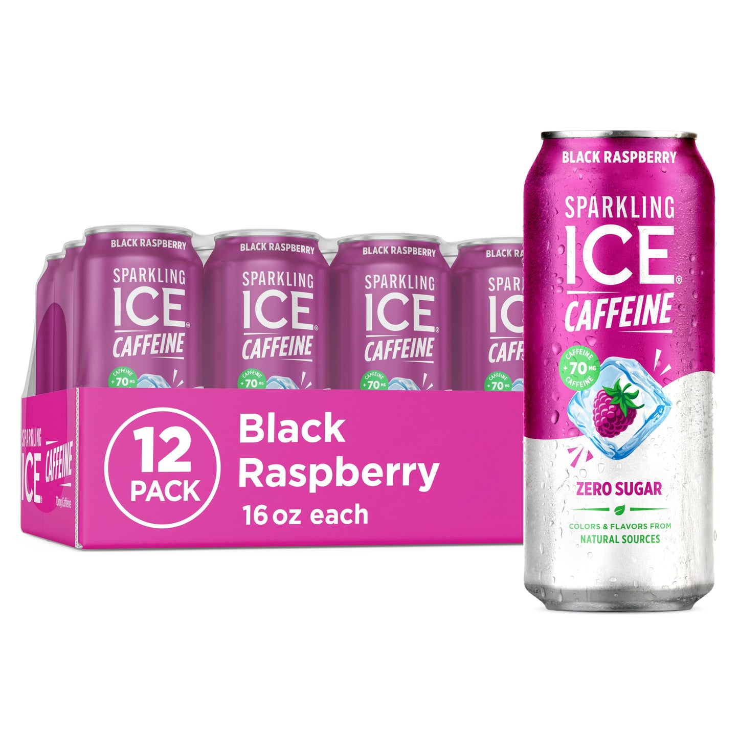 Sparkling Ice Caffeine Black Raspberry Sparkling Water for Hiking Trail Hydration, Lightweight Sparkling Energy Drink for the Trail