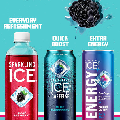 Sparkling Ice Caffeine Black Raspberry Sparkling Water for Hiking Trail Hydration, Lightweight Sparkling Energy Drink for the Trail