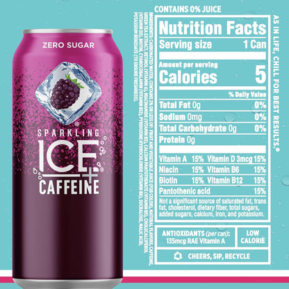 Sparkling Ice Caffeine Black Raspberry Sparkling Water for Hiking Trail Hydration, Lightweight Sparkling Energy Drink for the Trail