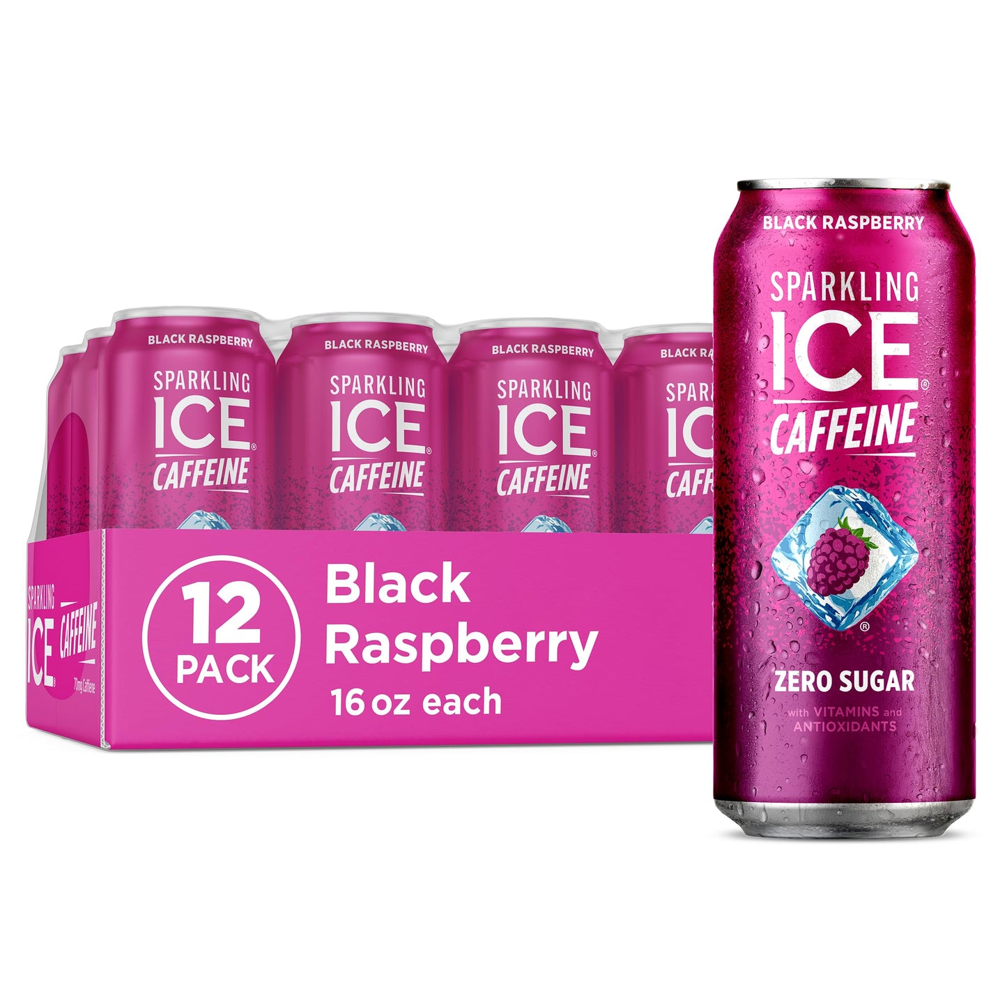 Sparkling Ice Caffeine Black Raspberry Sparkling Water for Hiking Trail Hydration, Lightweight Sparkling Energy Drink for the Trail