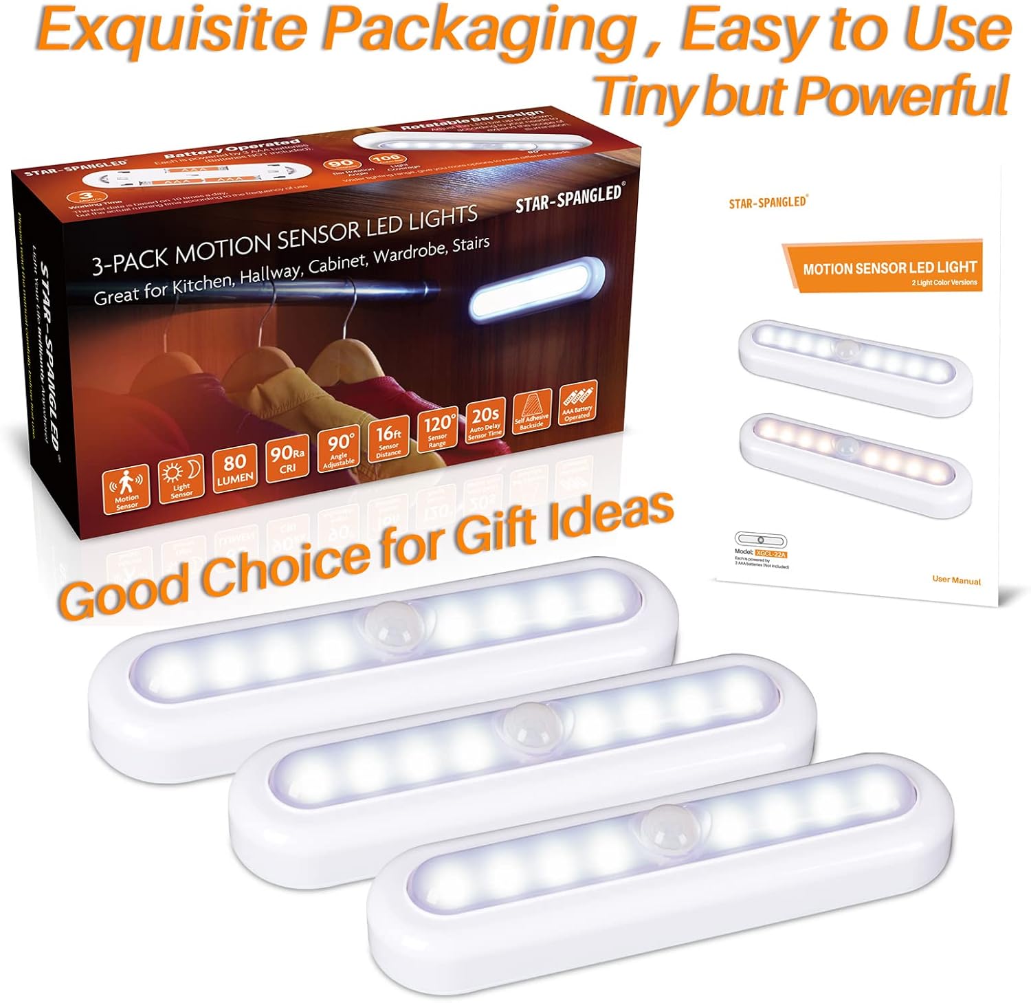 STAR-SPANGLED 3 Pack 7” Motion Sensor Light Indoor – Battery Powered LED for Stairs and Hallway Safety, No Wiring Required