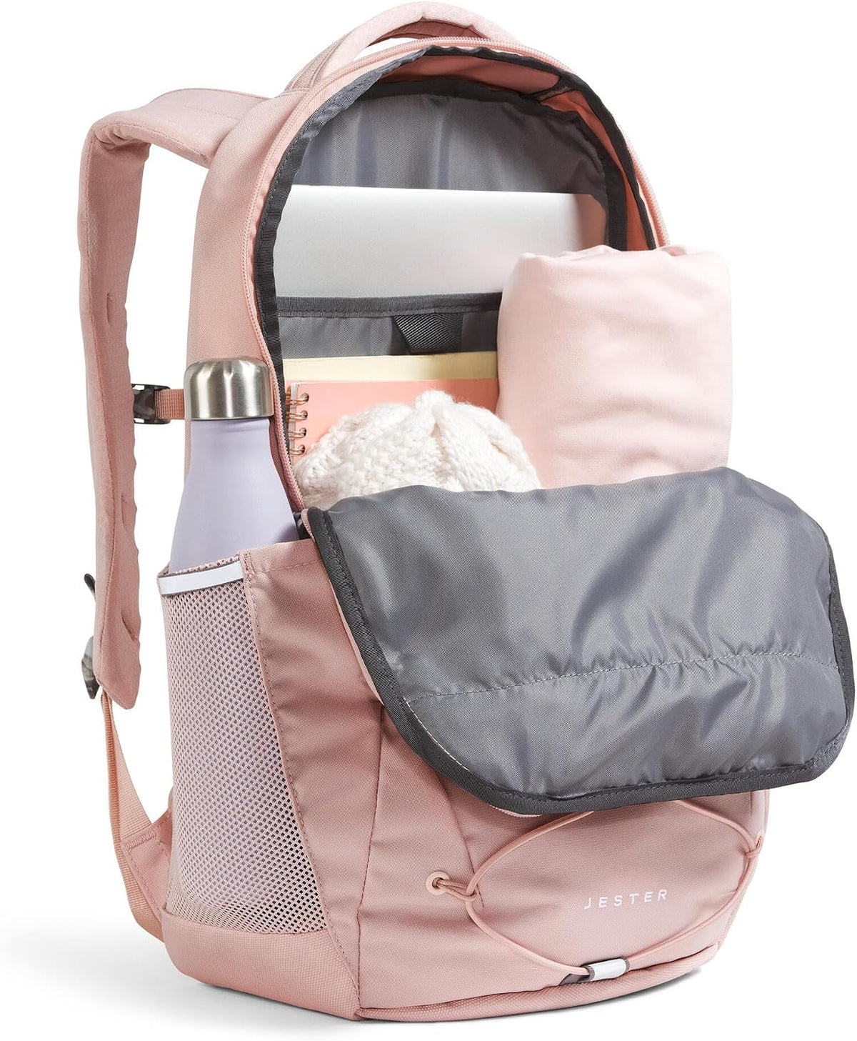 streamlined front organizer with zip pockets, tablet sleeve, key clip, and external bungee system