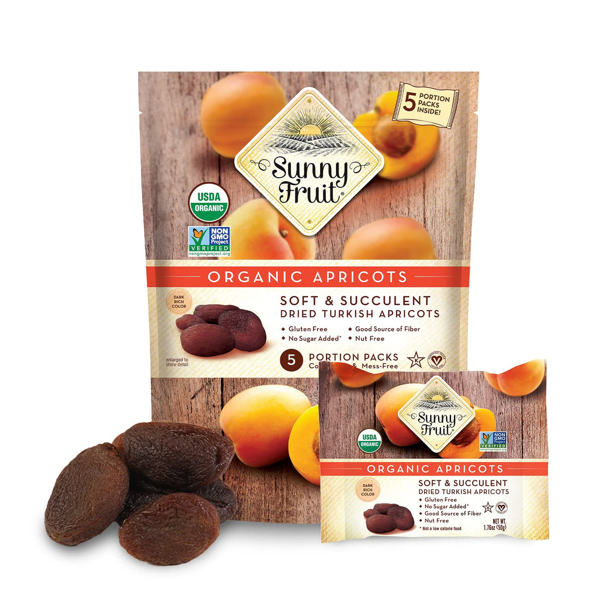 Sunny Fruit Soft Organic Turkish Dried Apricots - 1 Bag (5 Individual Portion Packs) | No Preservatives, No Sugar Added | Healthy, Convenient Snack Packs | ORGANIC, NON-GMO, VEGAN, HALAL, KOSHER