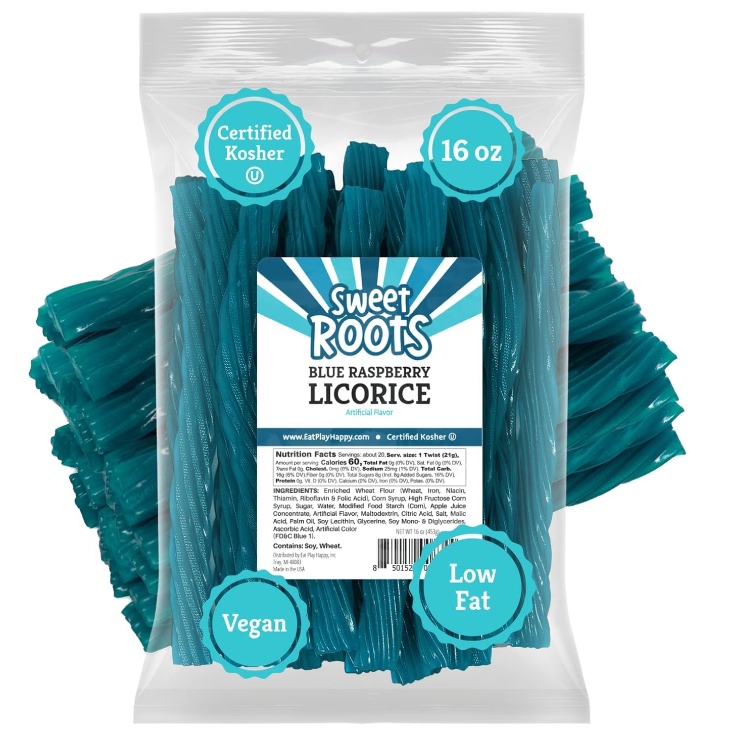 Sweet Roots Blue Raspberry Soft Licorice Ropes – 16 oz Fat-Free and Kosher Candy for Clean-Label Snack Drawers and Gym Bags