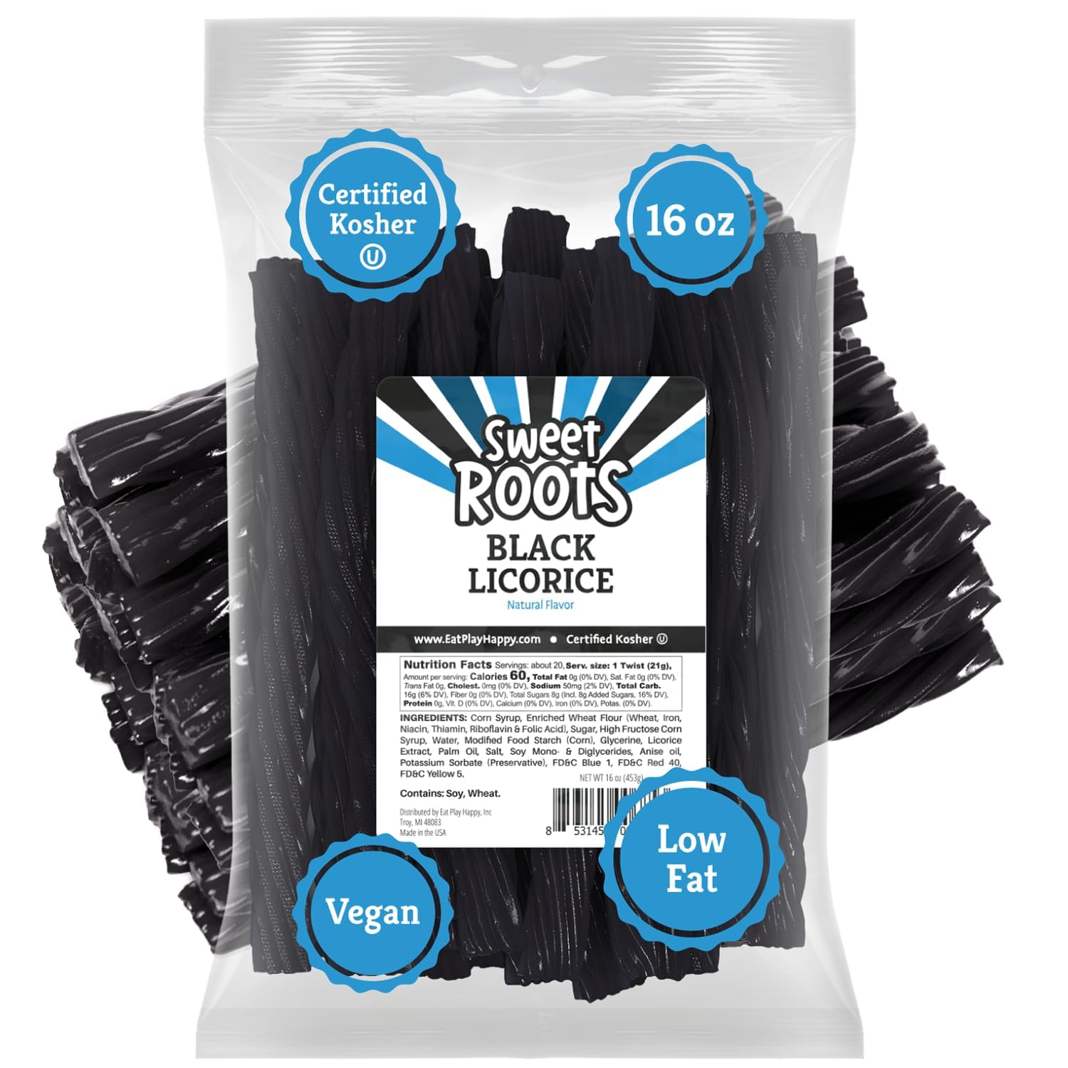 Sweet Roots Blue Raspberry Soft Licorice Ropes – 16 oz Fat-Free and Kosher Candy for Clean-Label Snack Drawers and Gym Bags