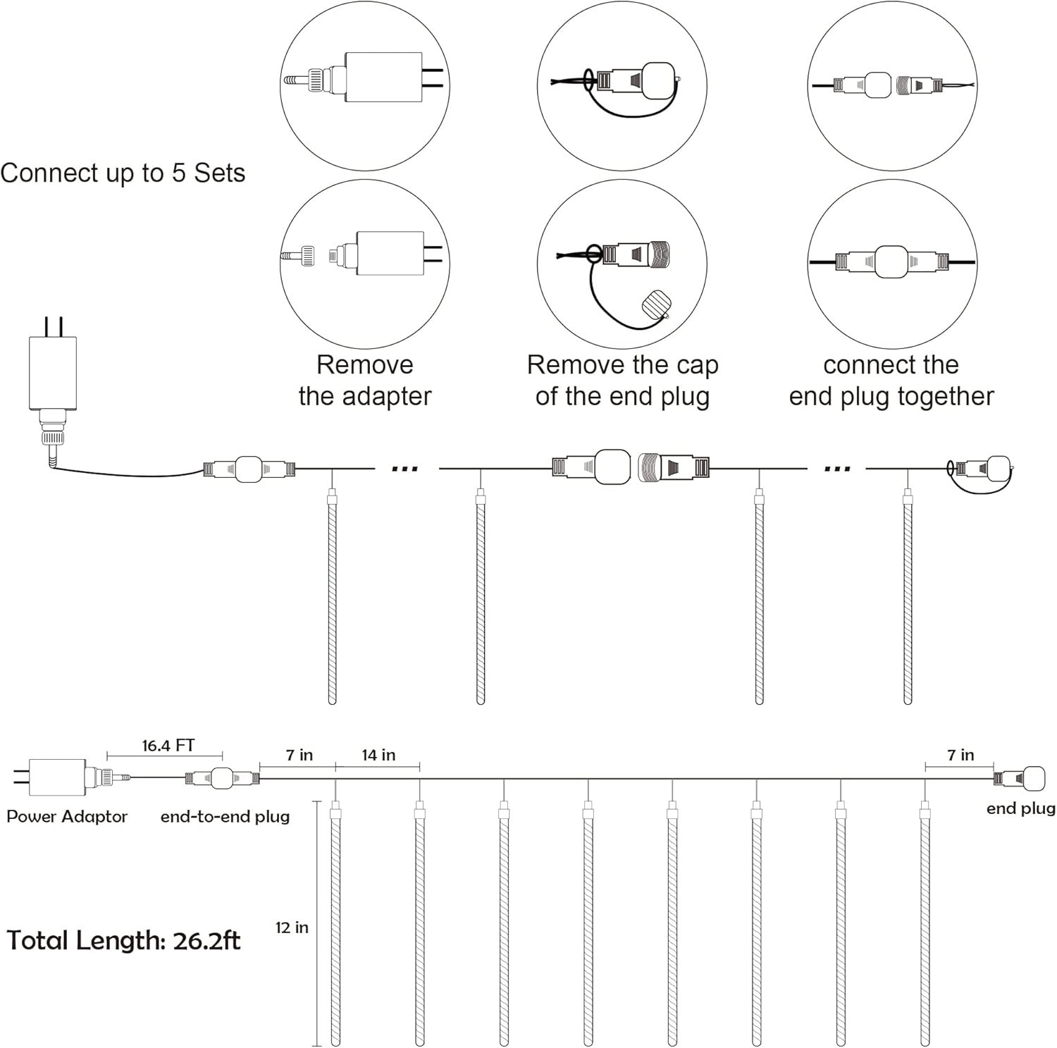 tail plug allows end-to-end linking of up to 5 sets powered by a single outlet
