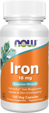 NOW Foods Iron 18 mg Bisglycinate Chelate – Vegan Iron Supplement for Menstrual Support, 120 Vegetable Capsules