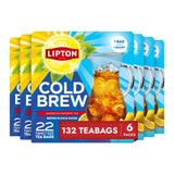 Lipton Cold Brew Black Tea Bags Family Size 6-Pack 132 Total Bags Rainforest Alliance Certified Iced Tea for Office Breakroom Quick Caffeine