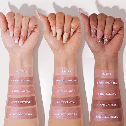 ten shade variants ranging from warm pink and peach to beige and dusty rose, with select bundles including an applicator brush