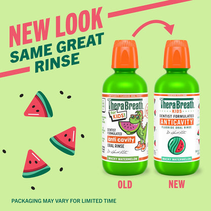 TheraBreath Kids Anticavity Mouthwash with Fluoride, Organic Watermelon Flavor – Safe Fluoride Rinse for Kids Ages 6+ and Family Bathroom Routines