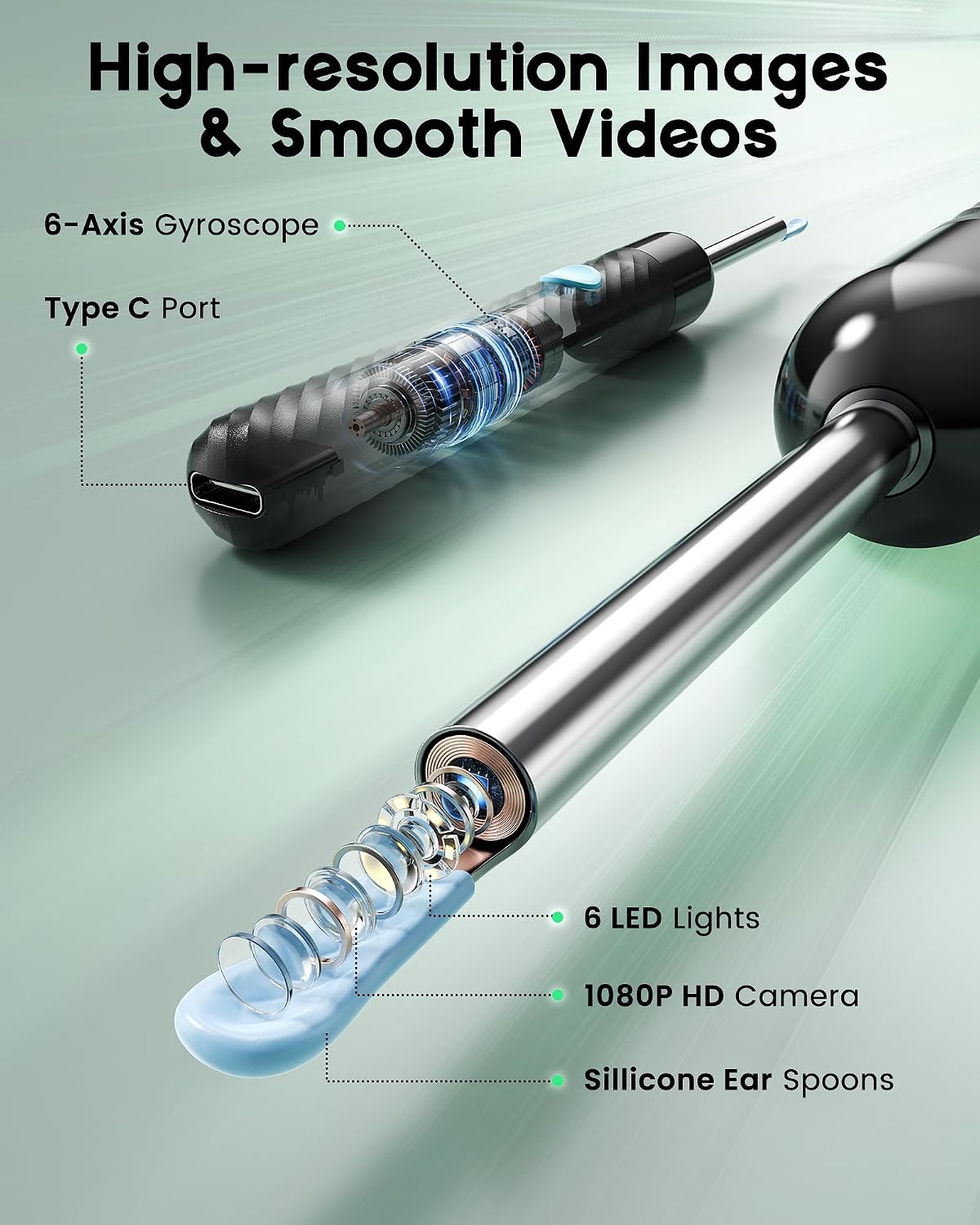 three interchangeable ear scoops with silicone protective covers
