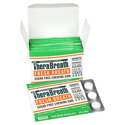 three-layer gum structure: crunchy outer layer for tongue scrubbing, middle layer for bacteria and odor control, citrus-mint core for salivation