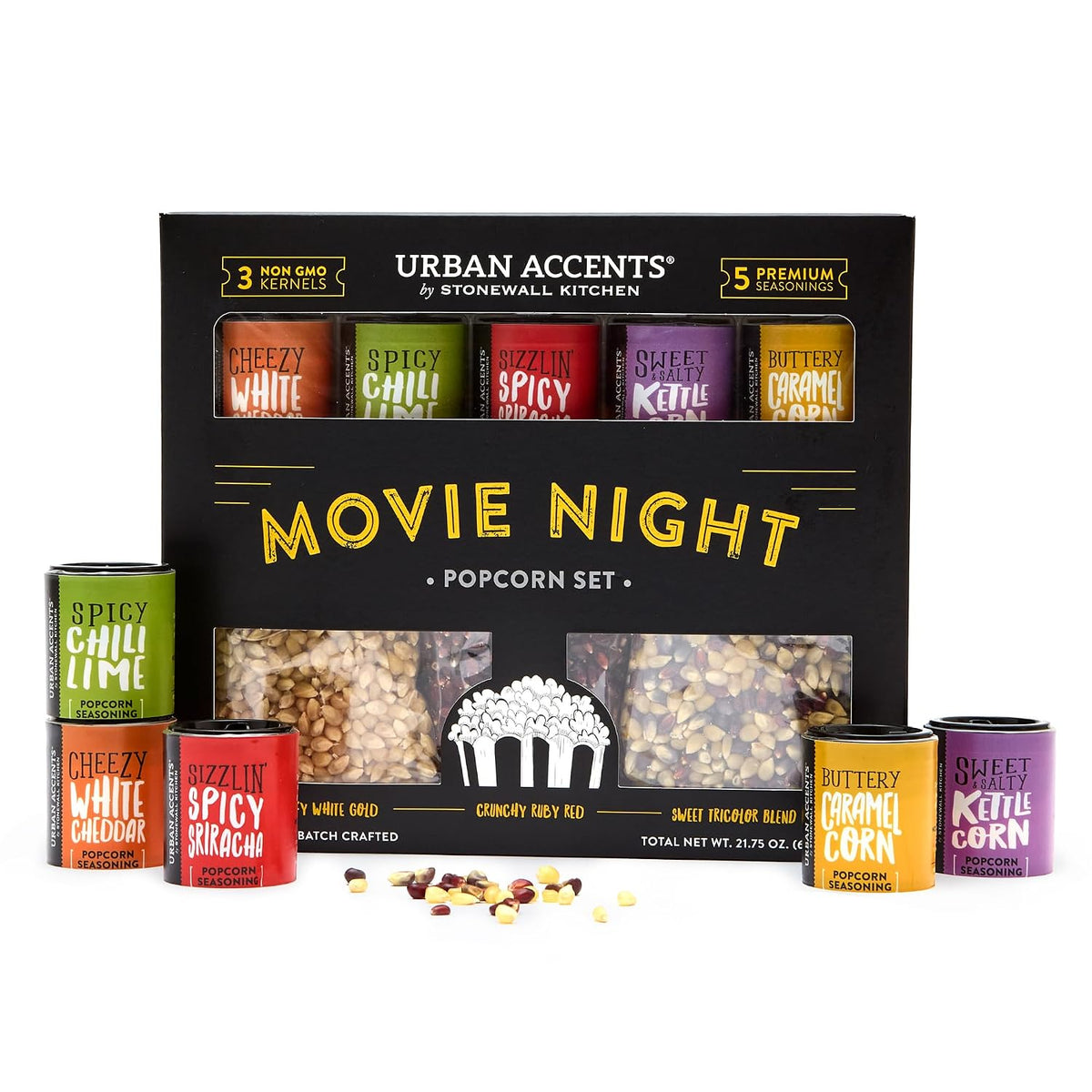 three non-gmo popcorn kernel varieties: white gold, ruby red, and red/white/blue tri-color