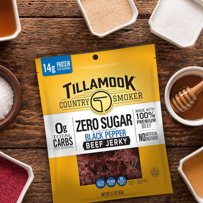 Tillamook Country Smoker Hardwood-Smoked Beef Jerky, Black Pepper, 6.5 Ounce — 14g Protein Snack That Supports Keto Self-Care Goals