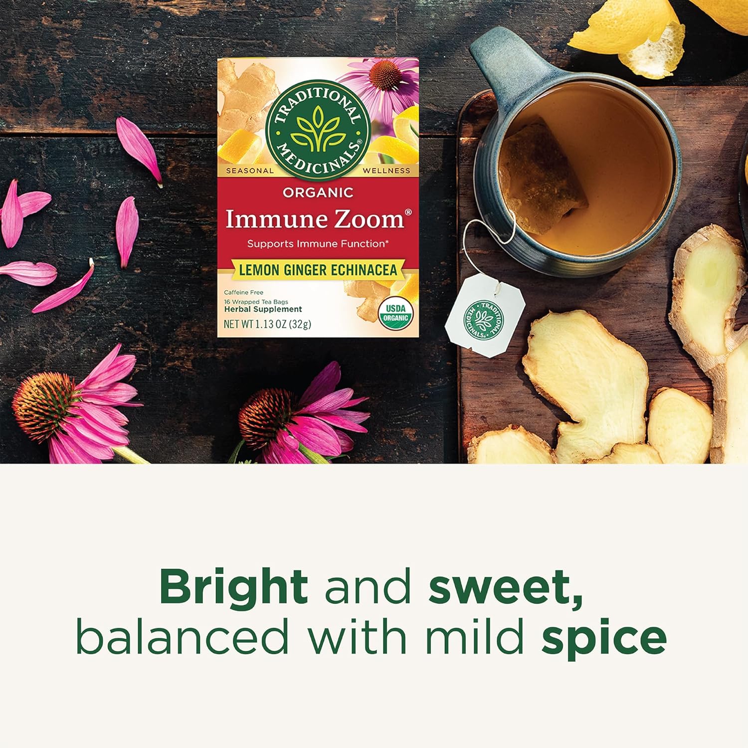 Traditional Medicinals Organic Immune Zoom Lemon Ginger Tea - Travel Bag Essential for Hotel Room Wellness Stays