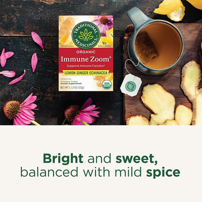 Traditional Medicinals Organic Immune Zoom Lemon Ginger Tea - Travel Bag Essential for Hotel Room Wellness Stays