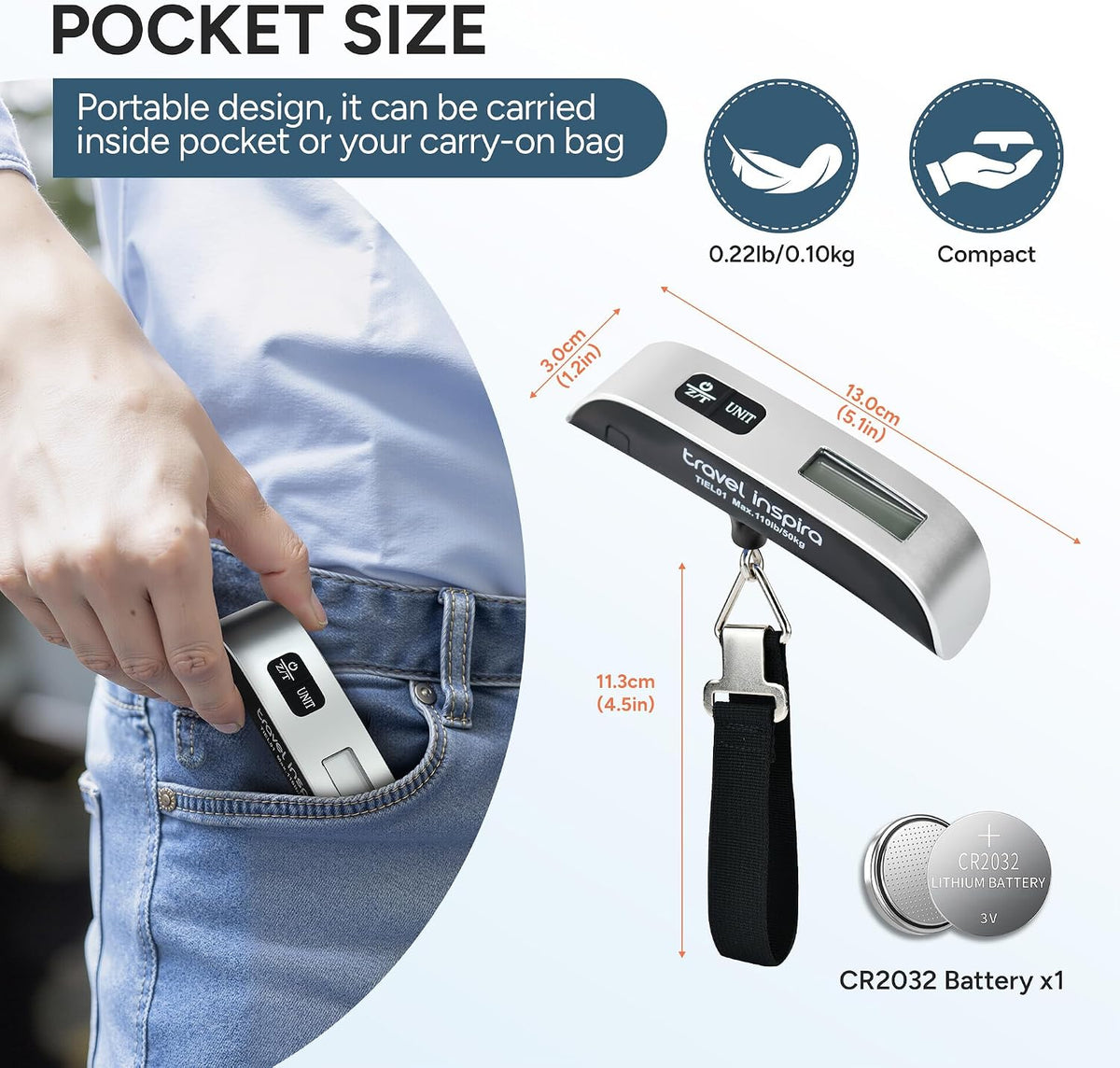 travel inspira Digital Luggage Scale – Campground Luggage Companion, 110 lb Capacity for Sports and Adventure Equipment