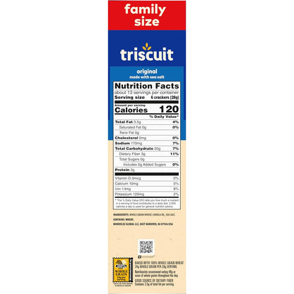 Triscuit Original Whole Grain Wheat Crackers – 0g Saturated Fat Whole Wheat Snacks for Meal Prep, 12.5 oz
