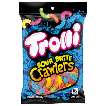 Trolli Sour Brite Crawlers Gummy Worms – Portable Sour Candy for Hiking Trails, Camping Trips and Picnic Baskets, 7.2 oz Peg Bag