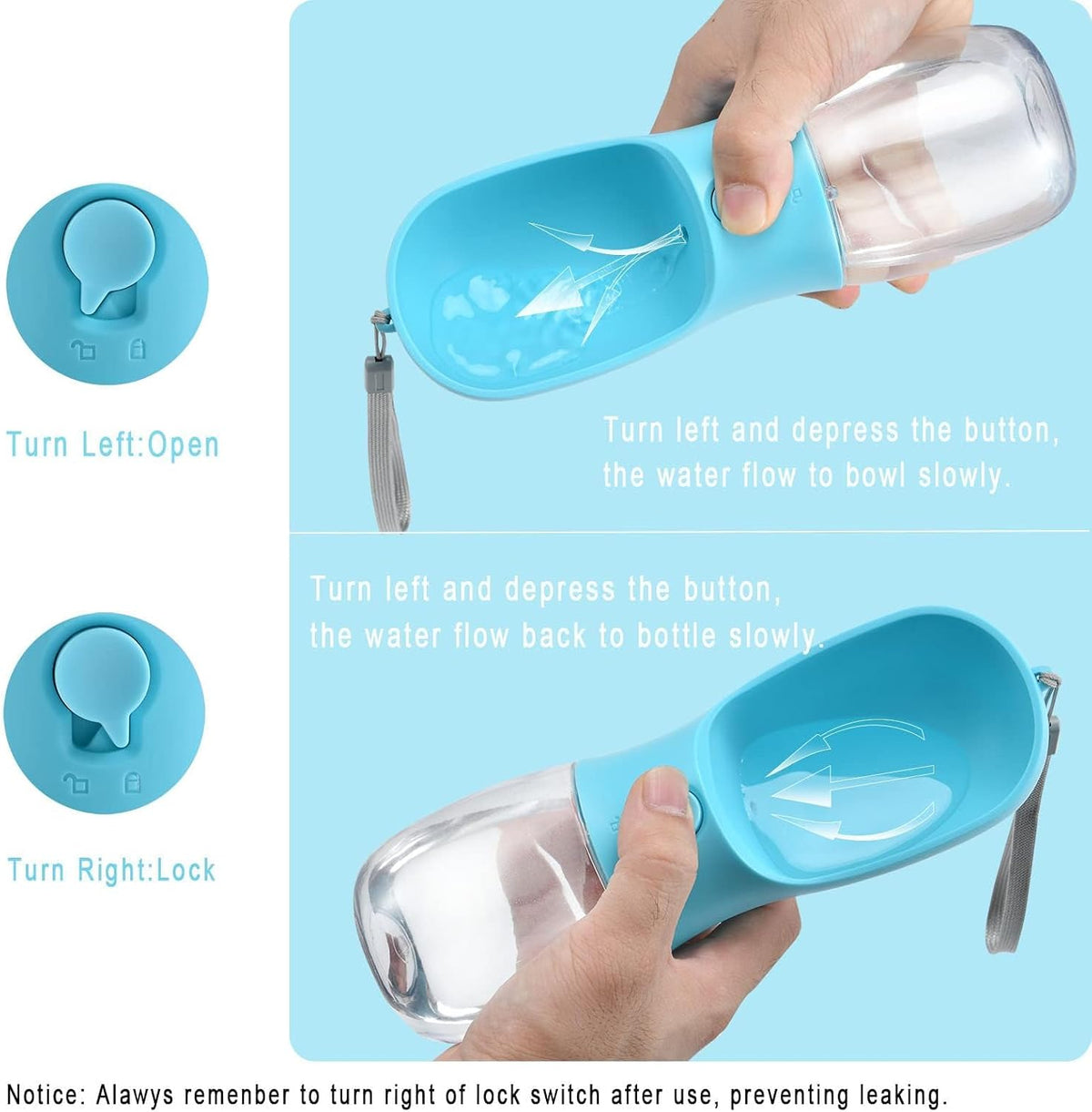 two capacity options: 10oz (300ml) for small pets and 19oz (550ml) for large dogs