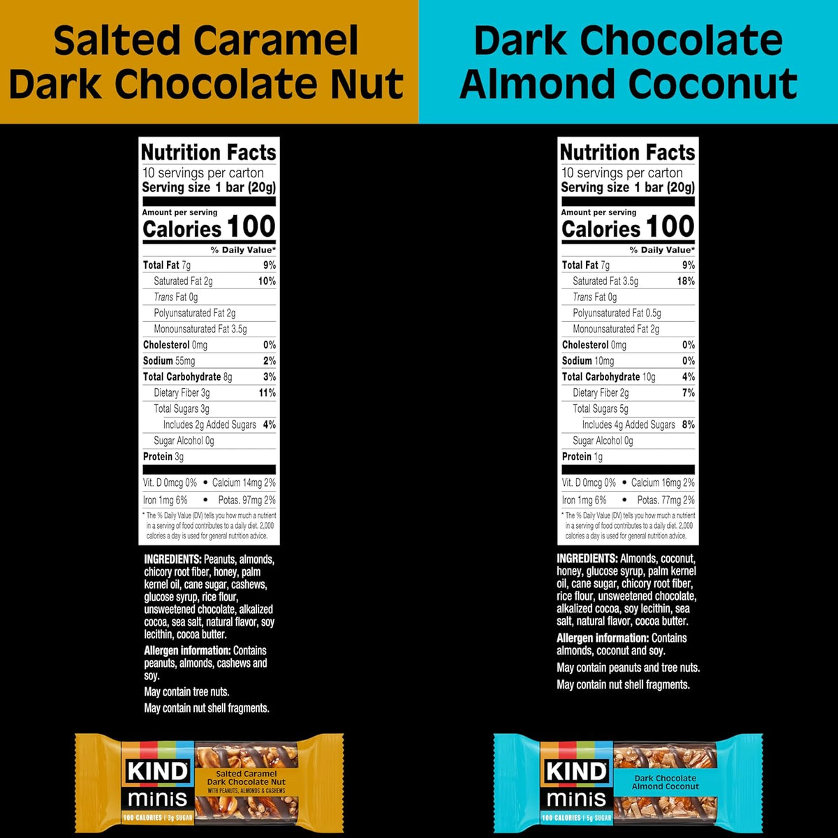 two-flavor variety: salted caramel dark chocolate nut and dark chocolate almond coconut