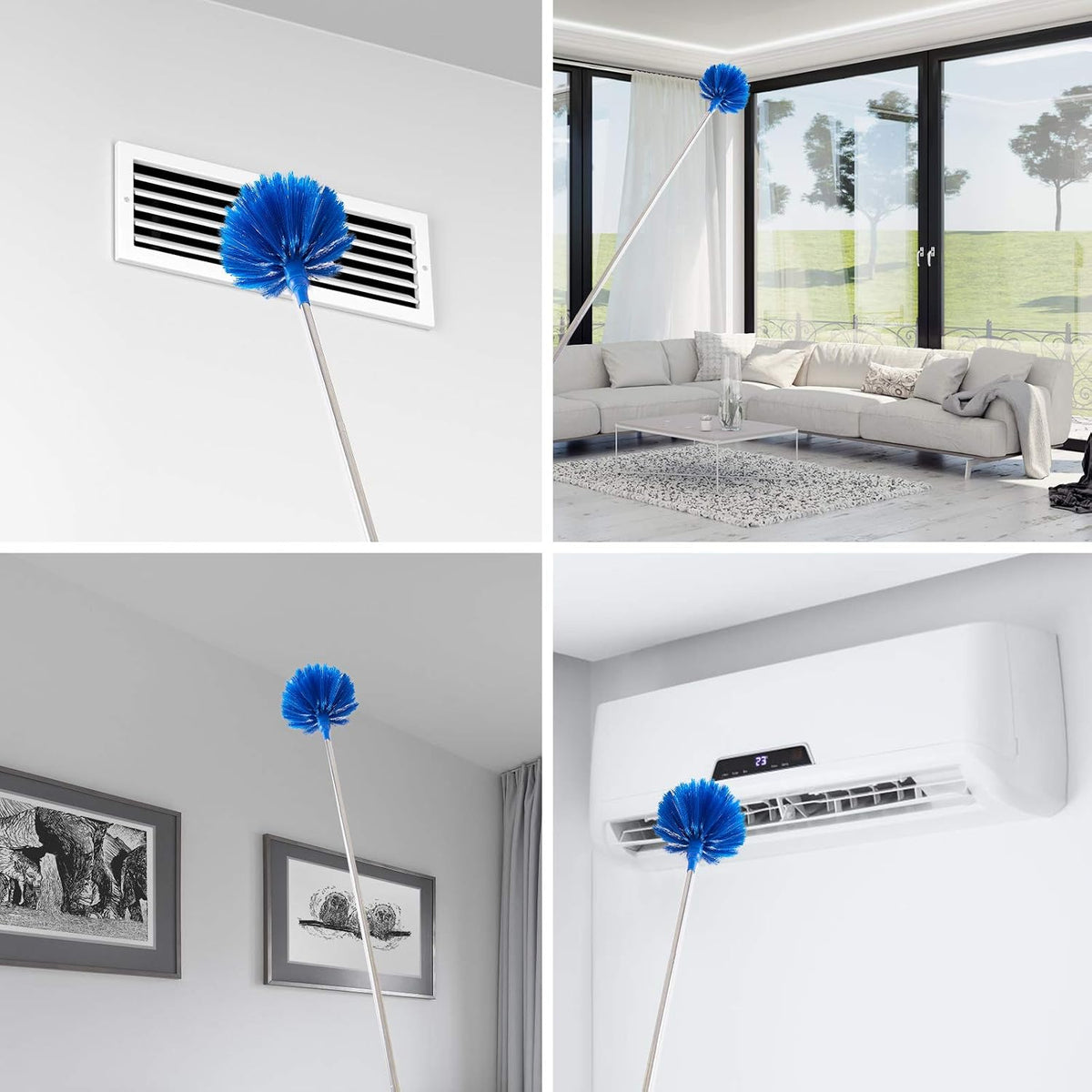 two interchangeable duster heads (cobweb duster and microfiber duster)