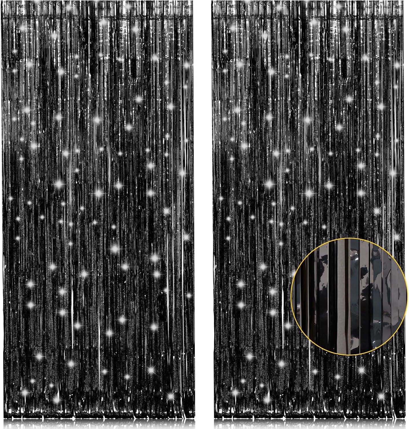 two-pack set of 3.2ft x 8.2ft foil fringe curtains totaling wide coverage area