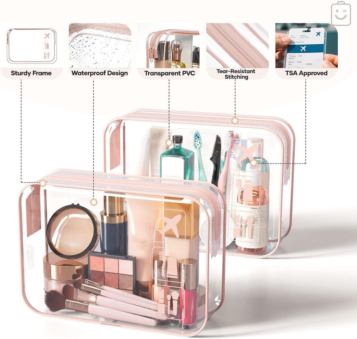 two pvc toiletry/makeup bags, machine-washable laundry bag, shoe bag, and zippered pouch included