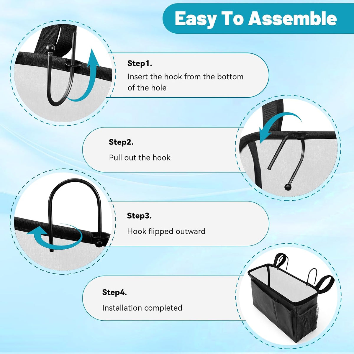 two solid detachable hooks plus adjustable hook-and-loop strap for secure headboard mounting