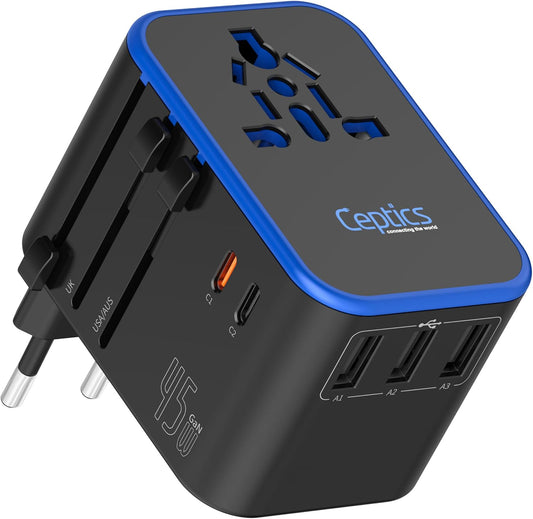 universal input socket accepting type a, c, g, and i plugs (covers us, uk, europe, australia, asia, and more)