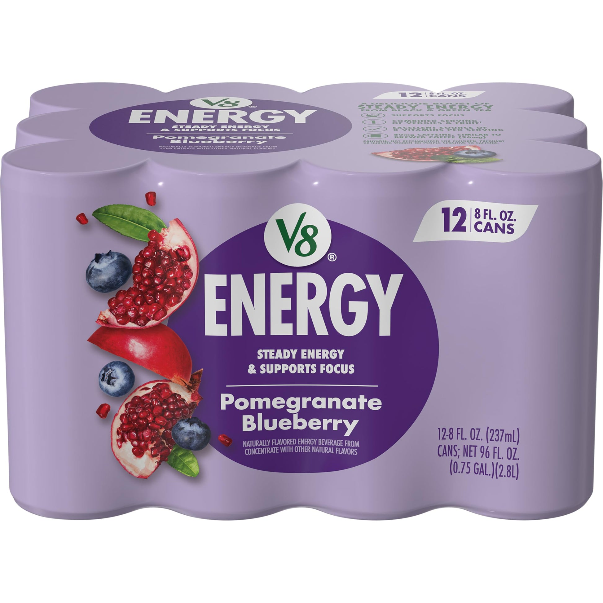 V8 +Energy Sparkling Pomegranate Blueberry – No Sugar Added Afternoon Pick-Me-Up for Wellness Routines