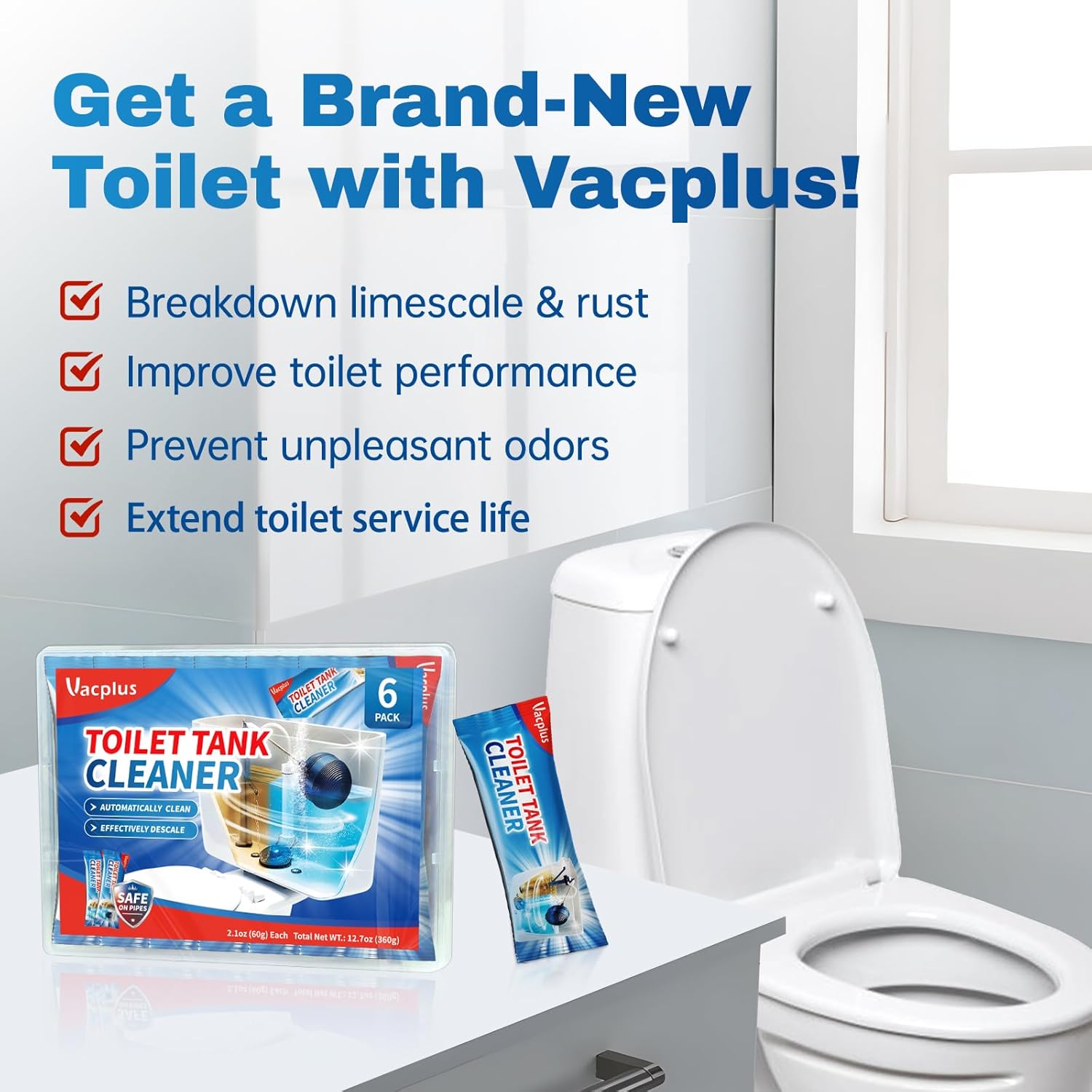 Vacplus Toilet Tank Cleaner - 6 Pack Automatic Descaler Tablets for a Pristine Guest Bathroom Look