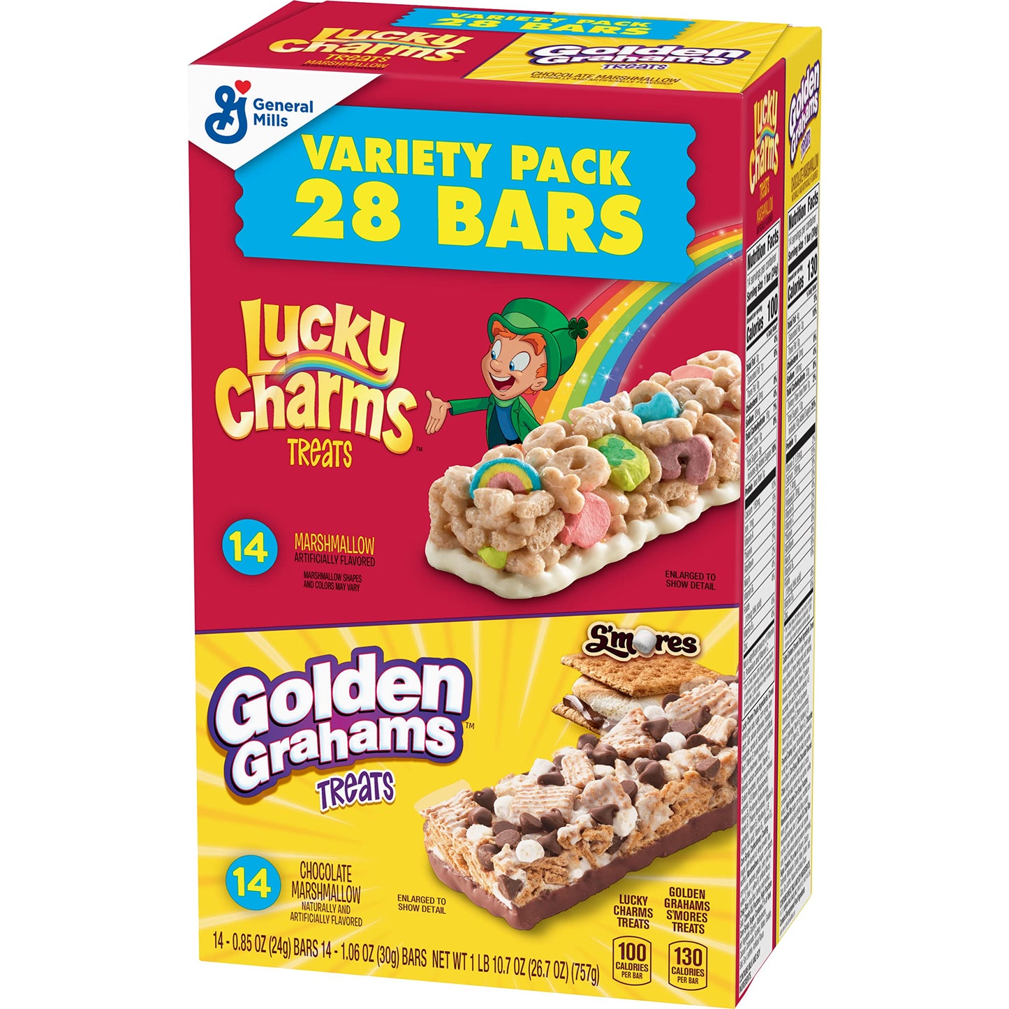 variety pack containing 14 golden grahams bars plus 14 lucky charms bars (28 total)