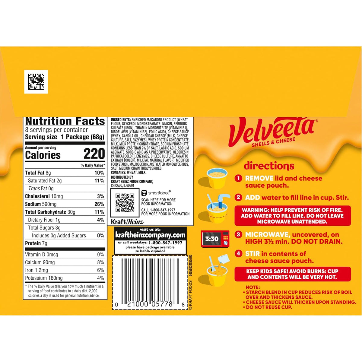 Velveeta Shells & Cheese Original Microwaveable Cup – Compact Microwave Pasta for Small Dorm Kitchens, 8 ct Box