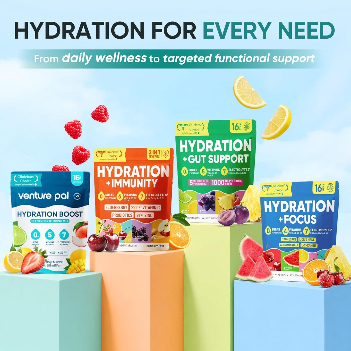 Venture Pal Sugar-Free Electrolyte Powder Sticks – Daily Wellness Hydration Ritual, 7 Electrolytes & 5 Vitamins for Mindful Self-Care
