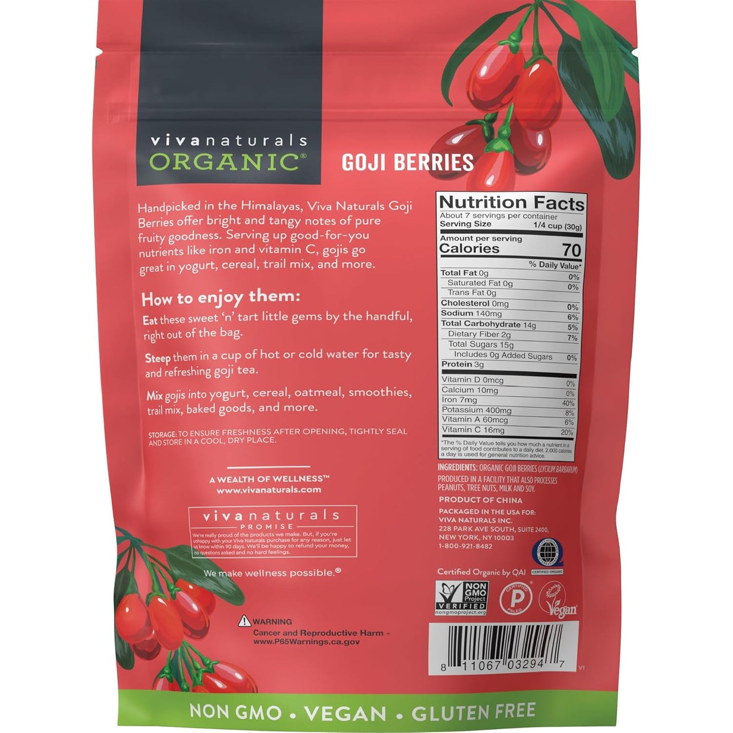 Viva Naturals Organic Goji Berries – Lightweight Trail Mix Ingredient for Hiking, Camping, and Backcountry Snacking, 8 oz