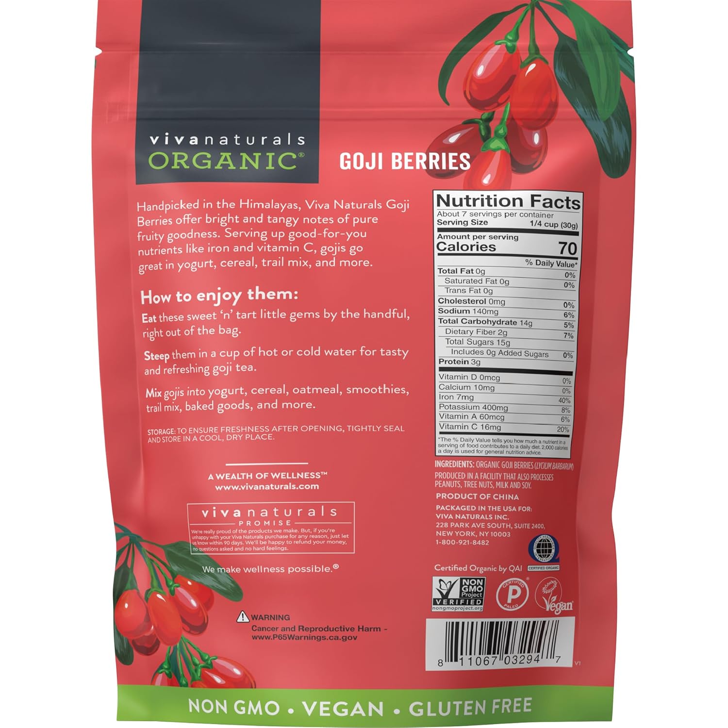Viva Naturals Organic Goji Berries – Lightweight Trail Mix Ingredient for Hiking, Camping, and Backcountry Snacking, 8 oz