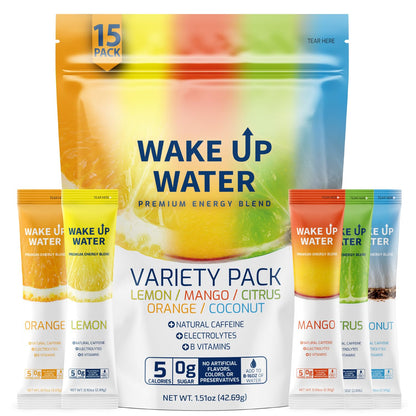 Wake Up Water Natural Caffeine Drink Mix – Housewarming and Care Package Gift for Travelers and Remote Workers, 15 Pack