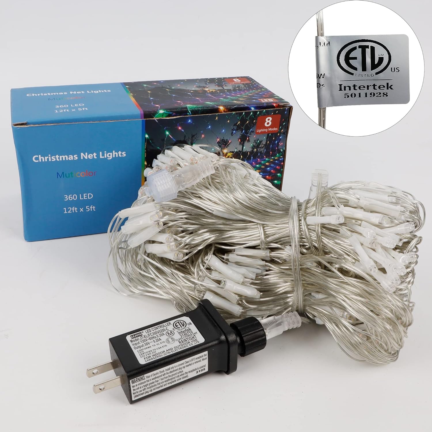 WATERGLIDE Outdoor Christmas Net Lights 12ft x 5ft 360 LED Mesh String with 8 Modes for Patio, Garden, and Yard Decorating